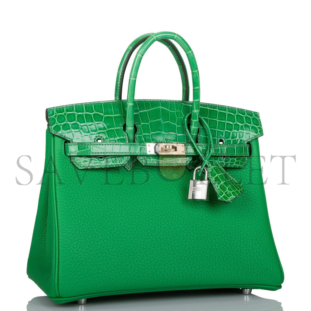 HERMÈS MASTER BIRKIN 25 CROCODILE AND TOGO LEATHER BAMBOO GREEN SILVER BUCKLE H076216CK21 (25*20*13cm)